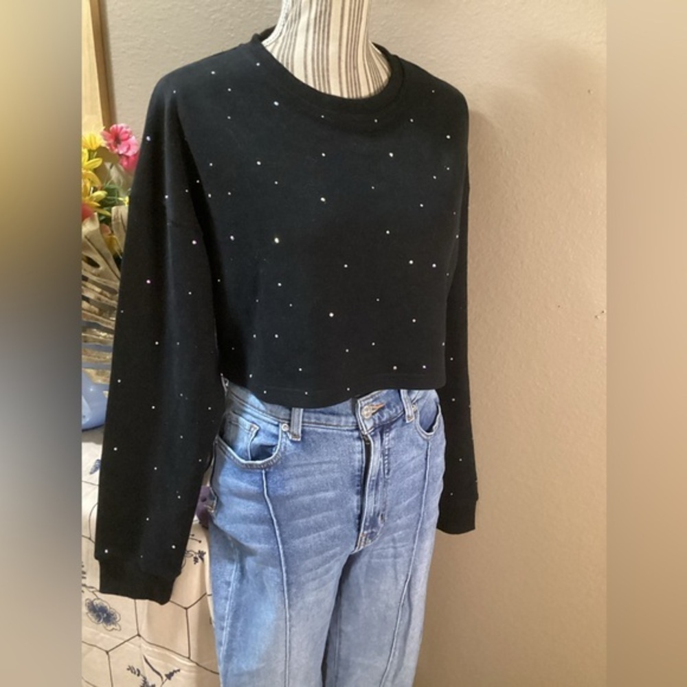 Black Cropped Sweatshirt with Rhinestone Accents